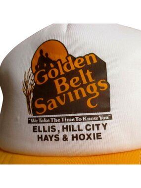 Vintage Trucker Hat Cap Golden Belt Savings Yellow White Mesh Snapback One Size